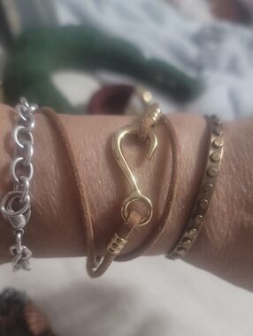 Gold Fish  Hook  Brown Leather Wrap Bracelet New